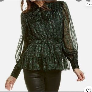 Blouse Walter Baker size XL Blue Vanilla Green Floral Shirred High Neck Blouse